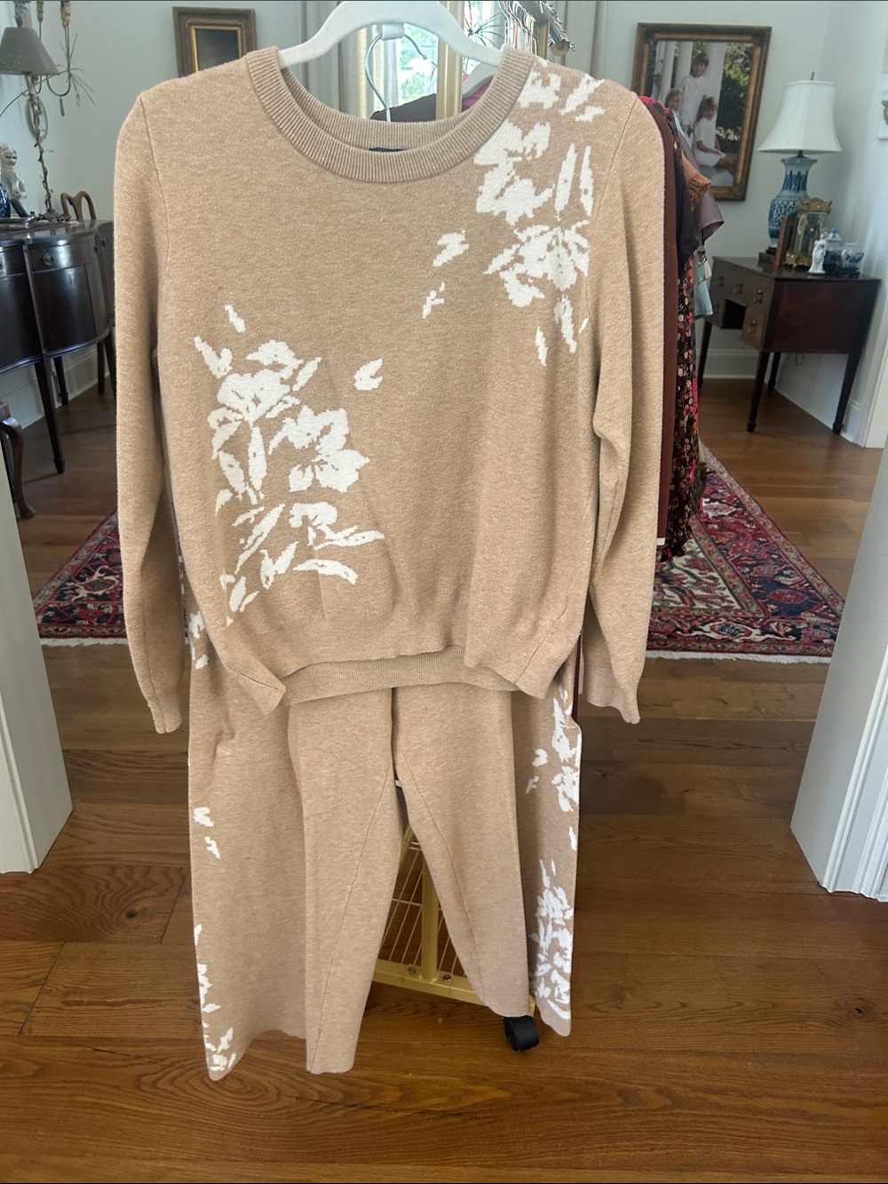 Joseph Beige Crewneck Sweater & Knit Pants with White Floral Pattern